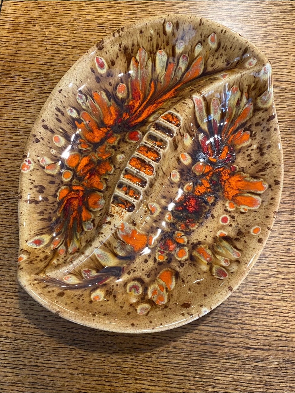 Vintage MCM Studio Pottery Divided Serving Dish Orange Brown Floral Ash Tray